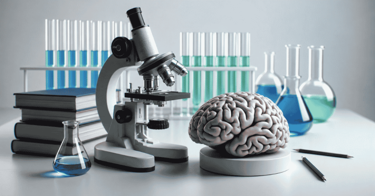A model of a human brain sits on a laboratory table next to a microscope, glass flasks, and test tubes filled with colored liquids