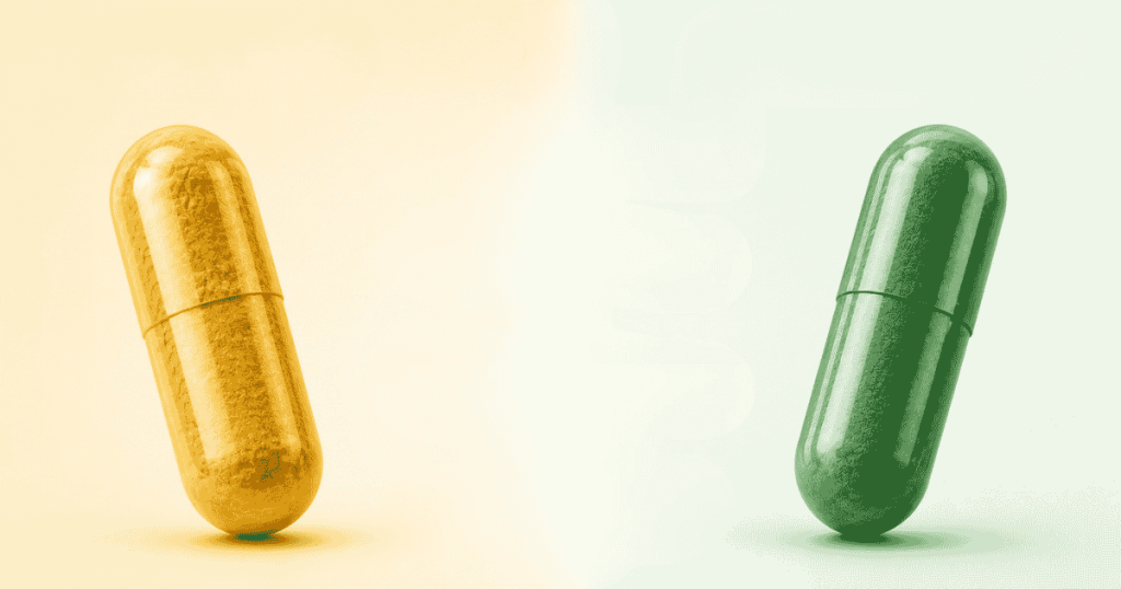 A yellow capsule on the left side and a green capsule on the right side stand upright against a split pale yellow and light green background