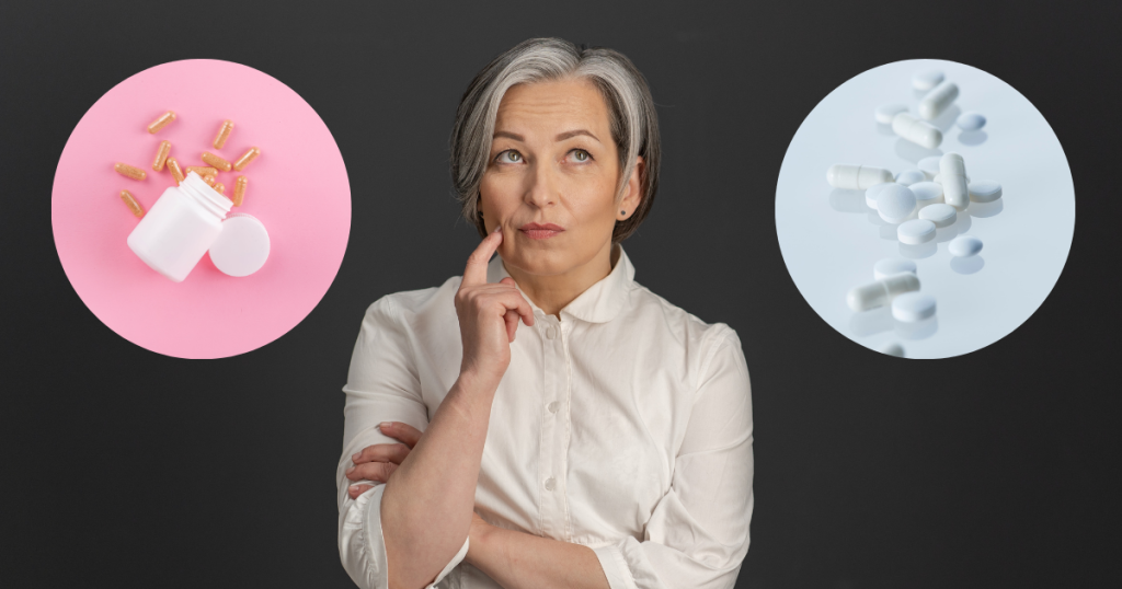 A thoughtful middle-aged woman is flanked by circular inserts of herbal capsules on the left and white pills on the right.