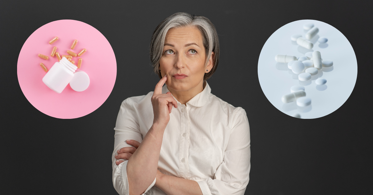 A thoughtful middle-aged woman is flanked by circular inserts of herbal capsules on the left and white pills on the right.