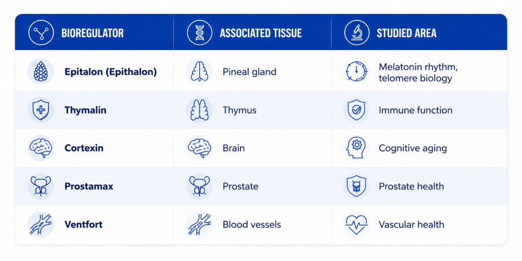 A reference table pairing five specific bioregulators with their associated target tissue and biological area of study.
