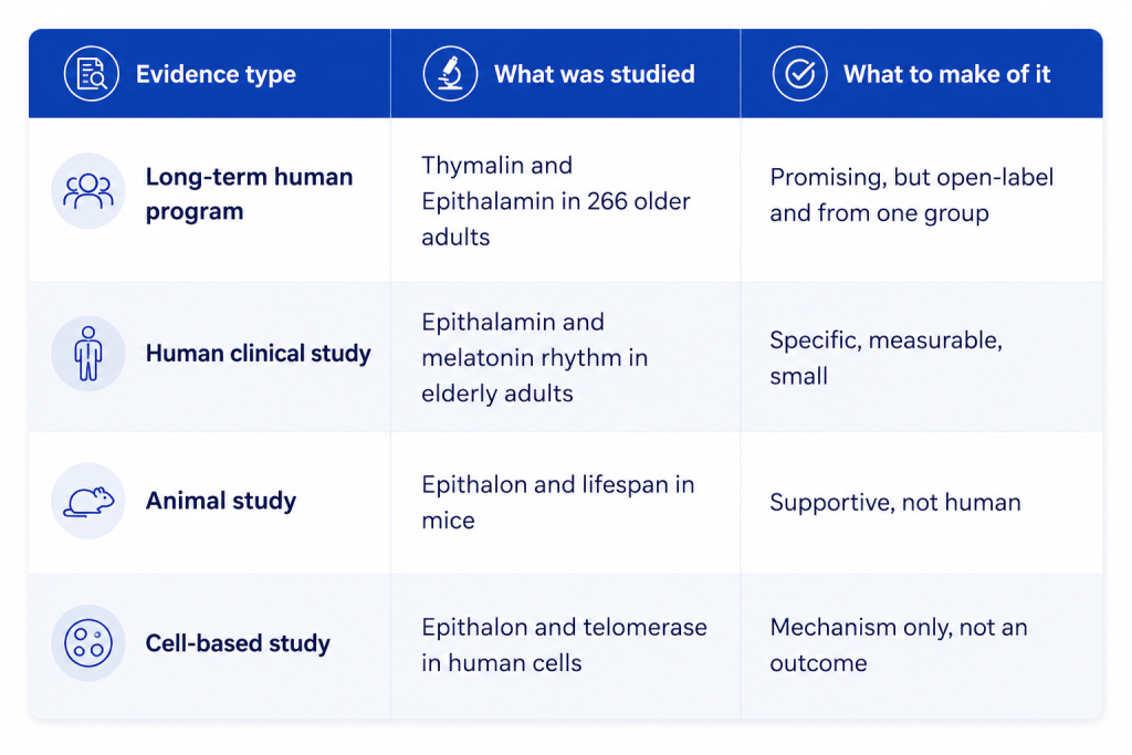 A summary table highlighting different evidence types for peptide bioregulators alongside what was studied and the main takeaway.