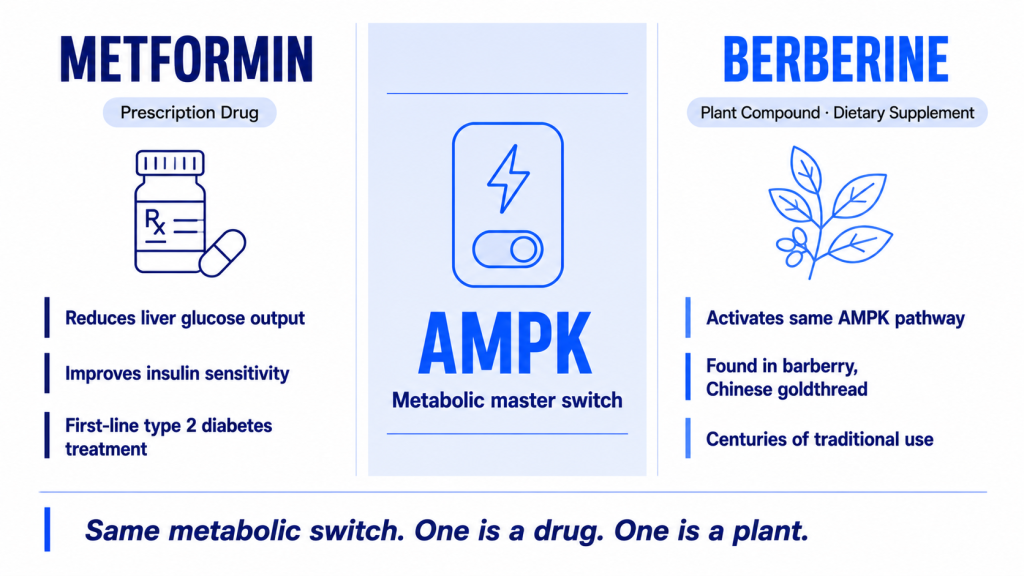 An infographic comparing metformin and berberine, highlighting that both activate the AMPK metabolic master switch.