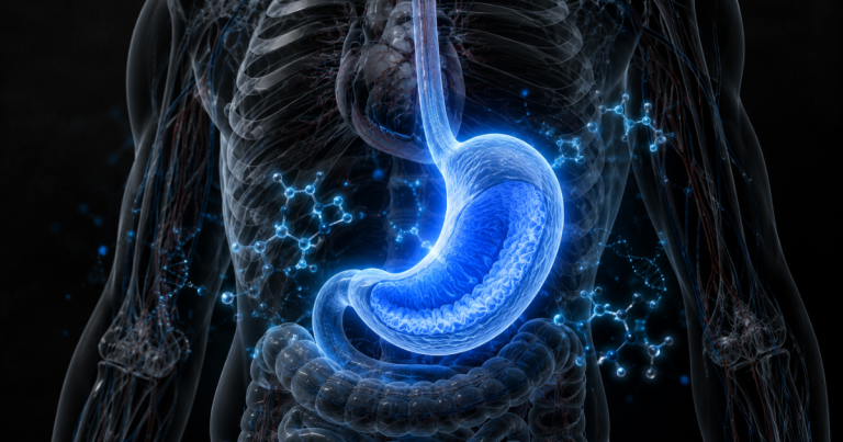 A 3D anatomical rendering highlighting a glowing blue stomach and esophagus within a translucent human torso.