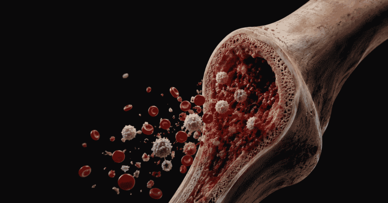3D cross-section illustration of a bone releasing red blood cells, white blood cells, and platelets from its marrow.