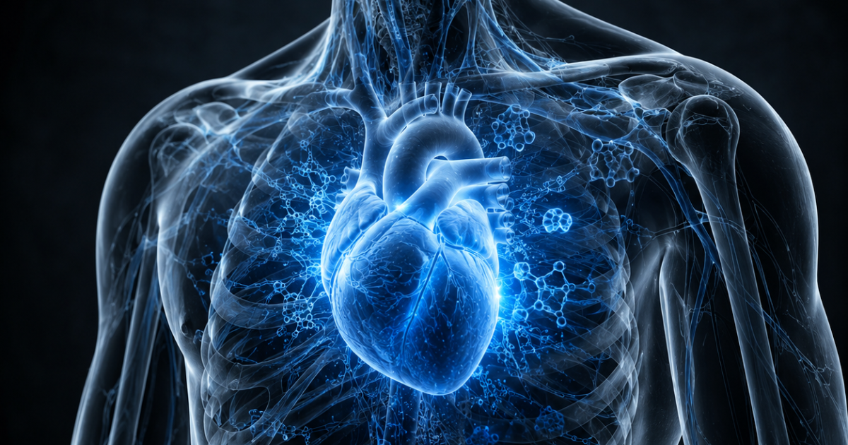 A glowing, blue 3D anatomical visualization of a human heart and circulatory system glowing inside a translucent torso.