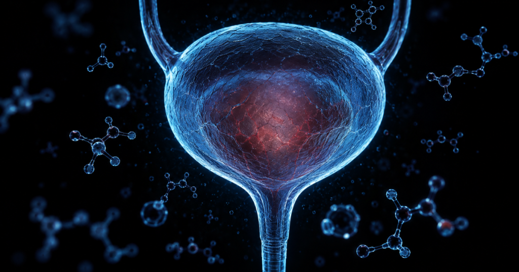 3D digital render of a glowing blue human bladder surrounded by floating molecular peptide structures against a dark background.