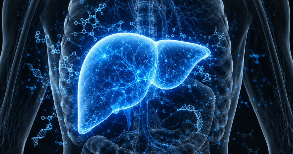A glowing, blue 3D anatomical visualization of a human liver set against a dark, translucent torso surrounded by molecular structures.