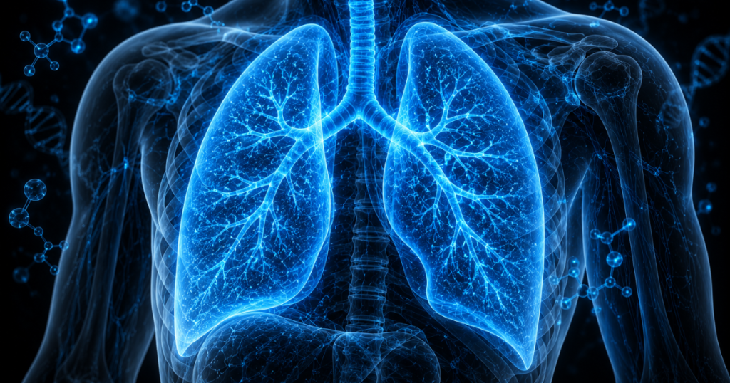 A glowing, blue 3D anatomical visualization of human lungs set inside a translucent torso surrounded by molecular structures.