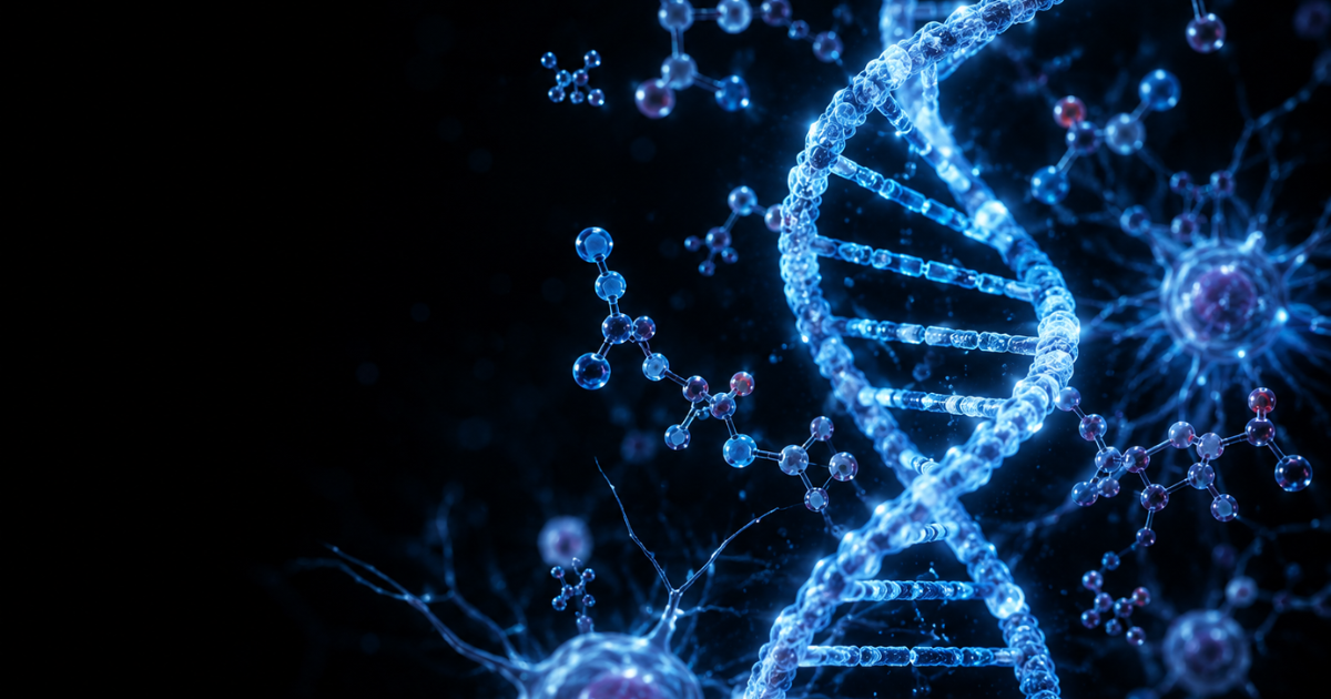 3D digital render of a glowing blue DNA double helix alongside neural cell structures and floating molecular peptides against a dark background.