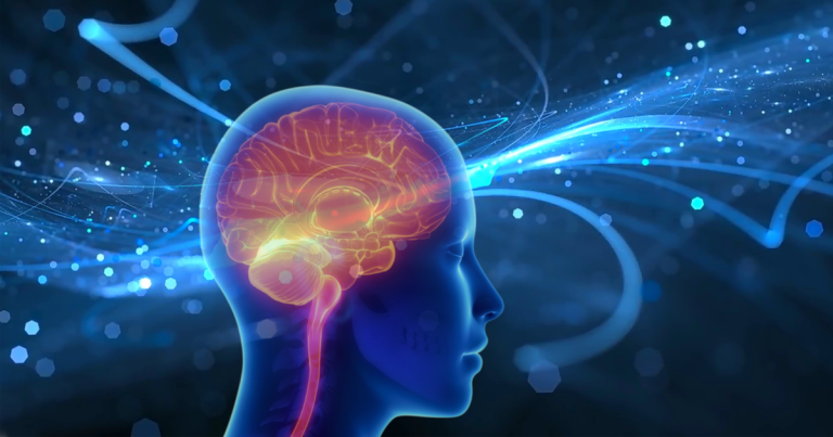 A side-profile graphic of a translucent blue head displaying a glowing red and orange brain, set against a dark blue background with flowing light trails and glowing particles.