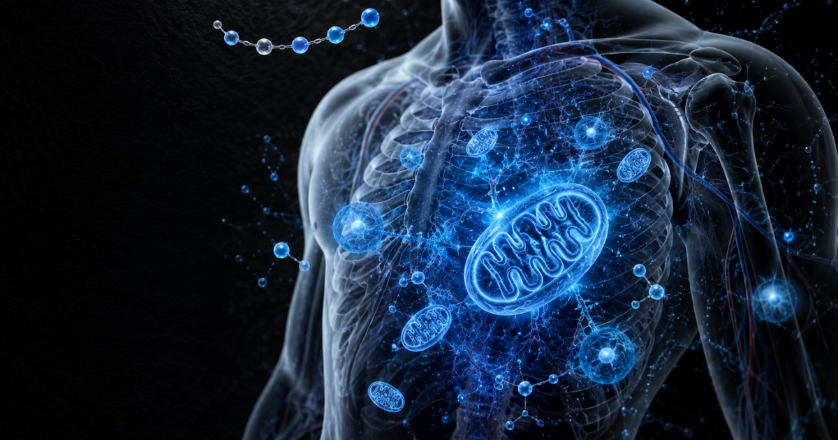 A glowing blue digital rendering of a human torso displaying transparent internal organs, mitochondria, and molecular structures against a dark background.