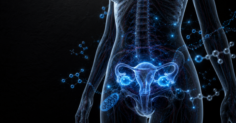 A glowing blue digital illustration highlighting the female reproductive system and surrounding molecular structures within a transparent torso.