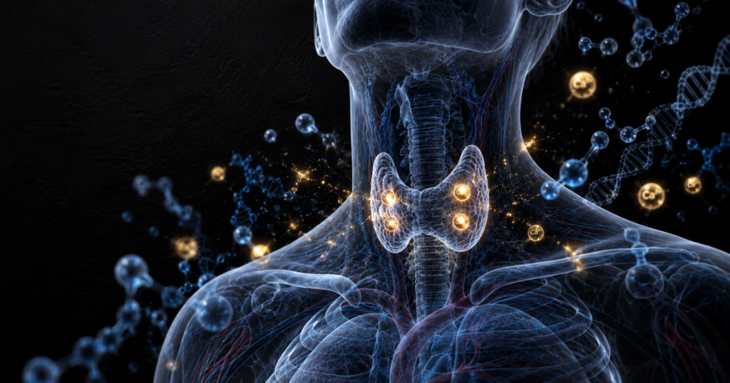 A glowing blue 3D rendering of the neck and throat area, highlighting four illuminated parathyroid glands overlaid on the thyroid gland amidst molecular structures.