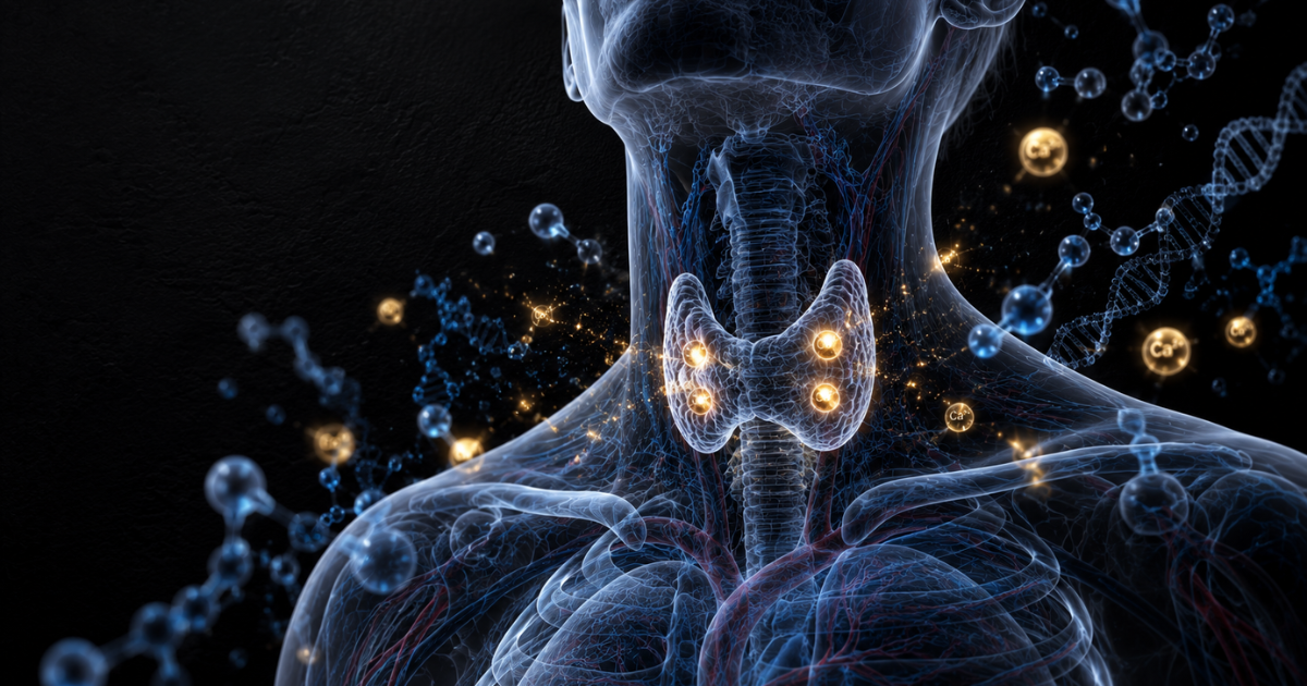 A glowing blue 3D rendering of the neck and throat area, highlighting four illuminated parathyroid glands overlaid on the thyroid gland amidst molecular structures.
