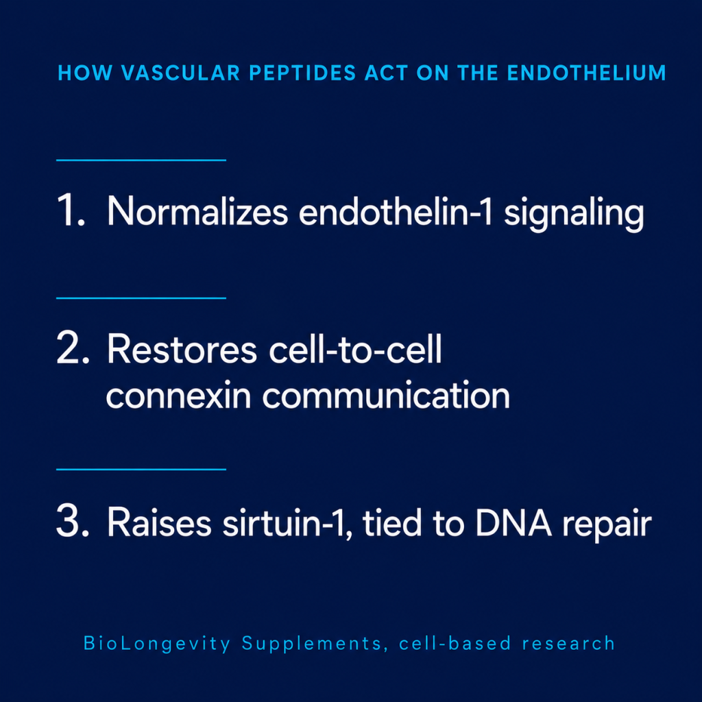 Dark blue graphic outlining three ways vascular peptides act on the endothelium.