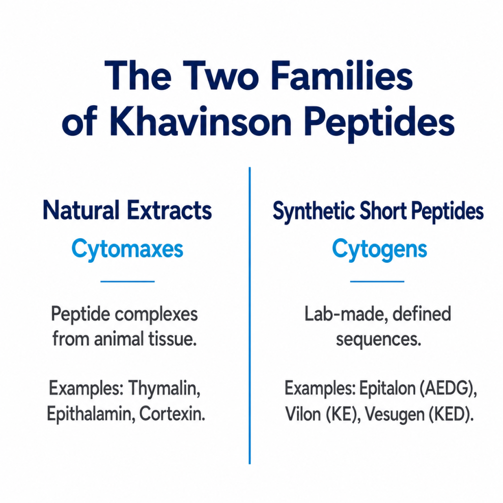 Infographic comparing the two families of Khavinson Peptides: natural tissue-derived Cytomaxes and lab-made synthetic Cytogens, along with examples of each.