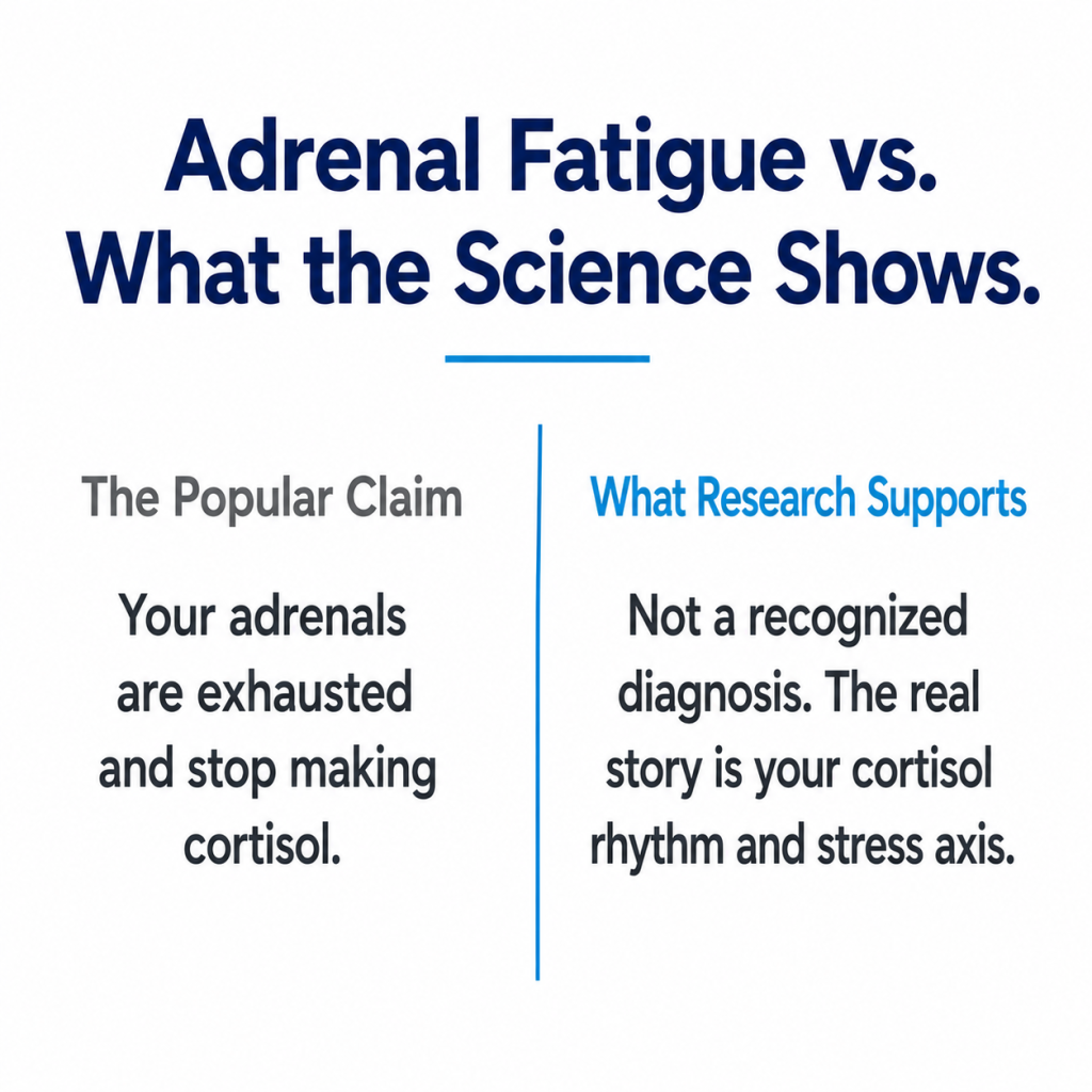 Infographic contrasting the adrenal fatigue myth with research showing it relates to cortisol rhythm and stress axis function.