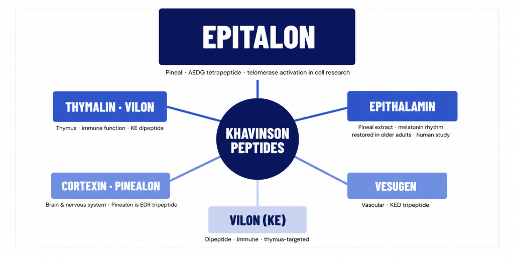 A concept map branching out from Khavinson Peptides to related peptide compounds like Epitalon, Cortexin, and Vesugen.