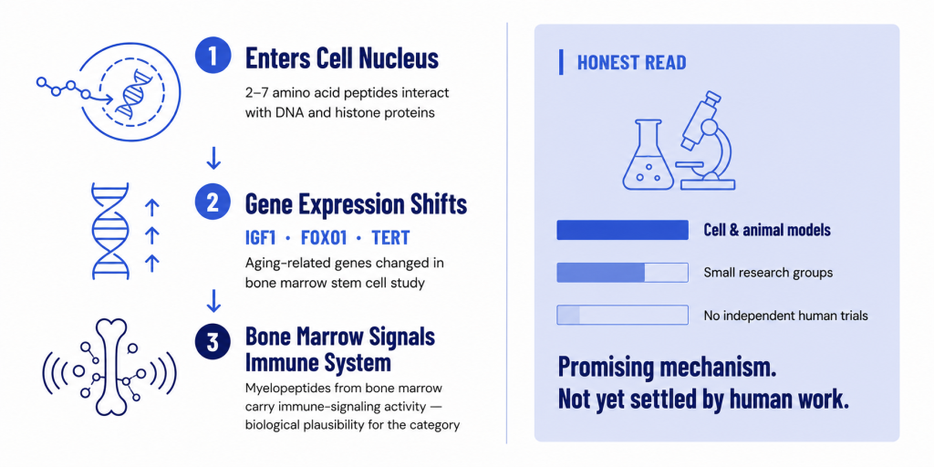 An infographic showing the 3-step cellular mechanism of peptide action alongside a evaluation chart highlighting the lack of human trials.