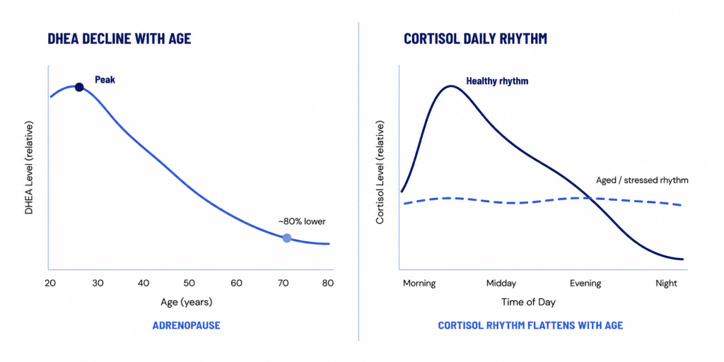 Two line graphs showing DHEA levels declining with age on the left and cortisol daily rhythm flattening in aged or stressed individuals on the right.