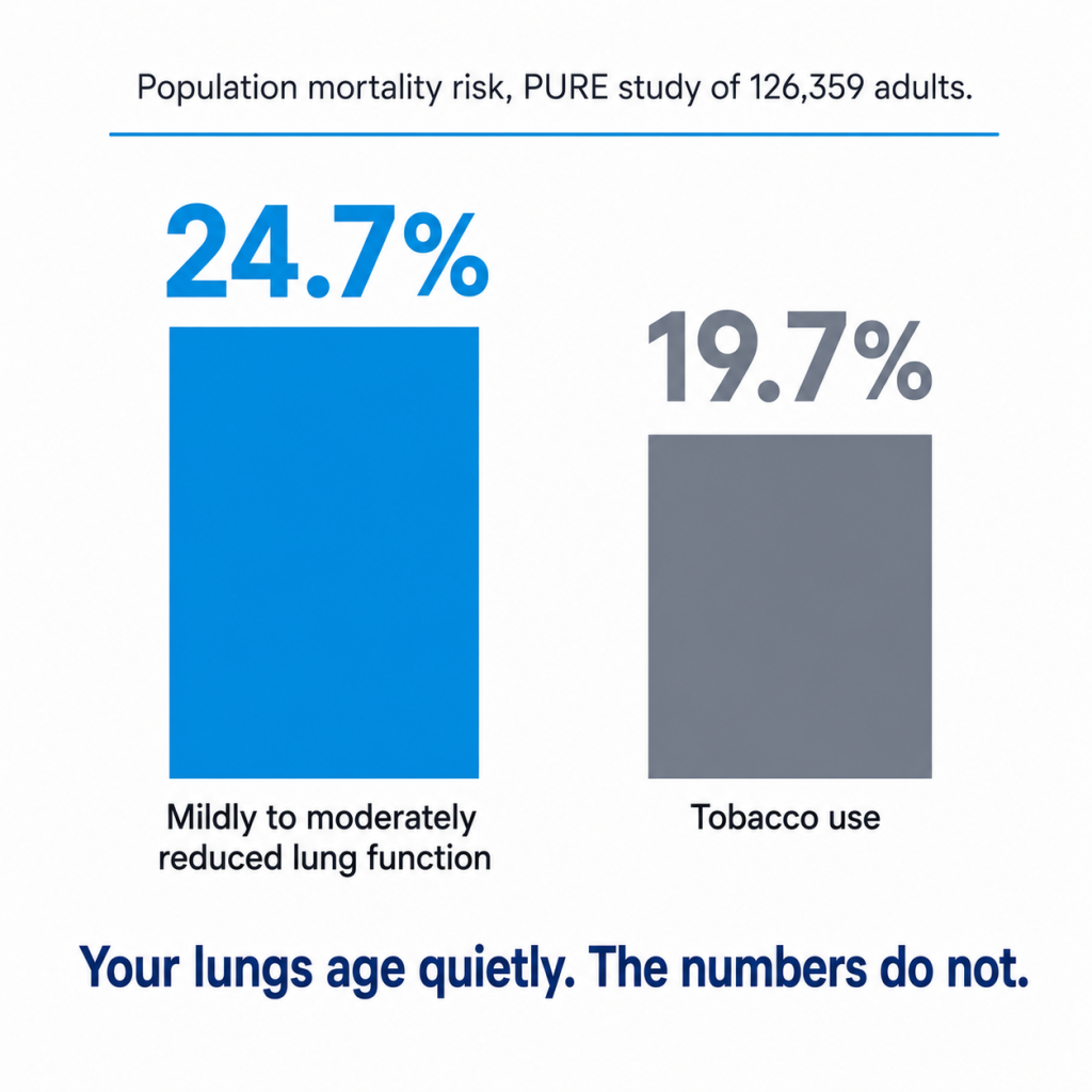 A bar chart comparing population mortality risk from mildly to moderately reduced lung function (24.7%) versus tobacco use (19.7%).