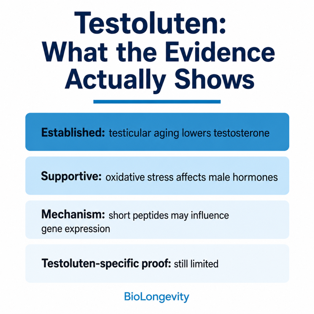 Educational graphic titled "Testoluten: What the Evidence Actually Shows" listing key points about testicular aging, oxidative stress, peptide mechanisms, and limited specific proof.