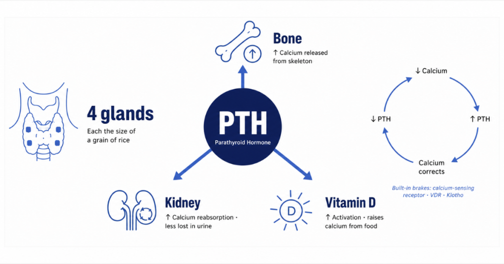 An infographic illustrating how Parathyroid Hormone (PTH) acts on bone, kidney, and Vitamin D to regulate calcium levels in the body.