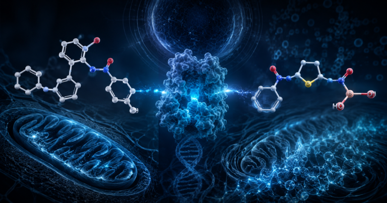 3D digital illustration depicting two distinct molecular structures interacting with a central protein receptor against a glowing blue cellular background.