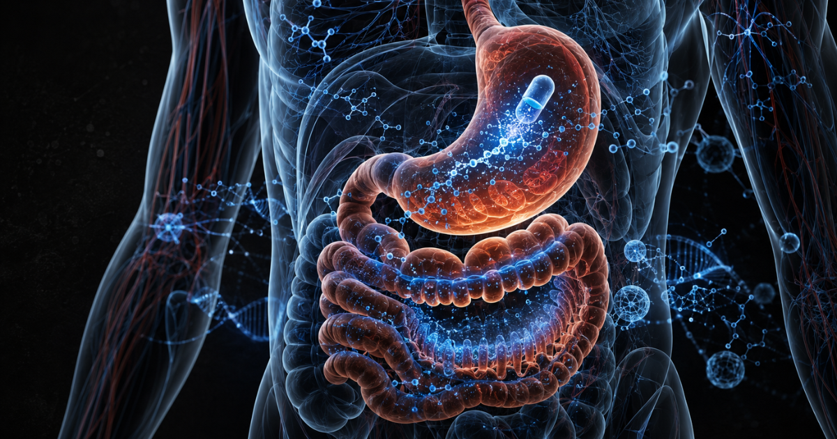 Futuristic illustration of a human digestive system showing a capsule dissolving inside the stomach.