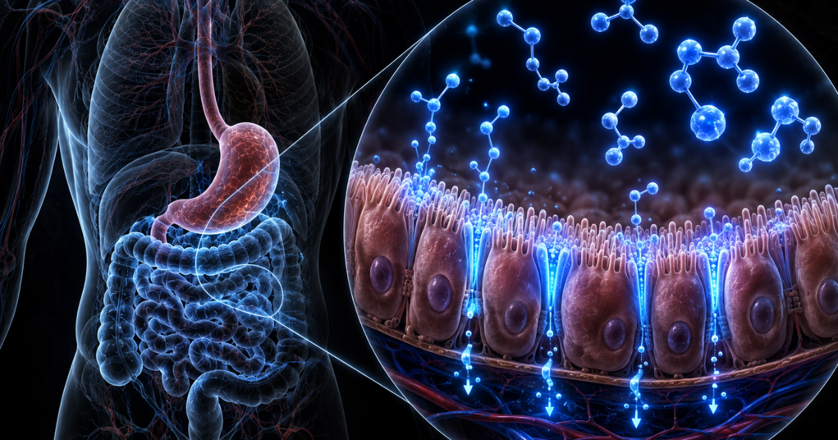 Diagram showing molecules passing through intestinal cells into the bloodstream.