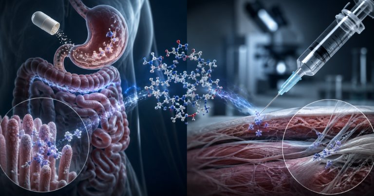 A split digital illustration depicting a compound being absorbed through oral capsule digestion in the stomach on the left and administered via syringe into muscle tissue on the right.
