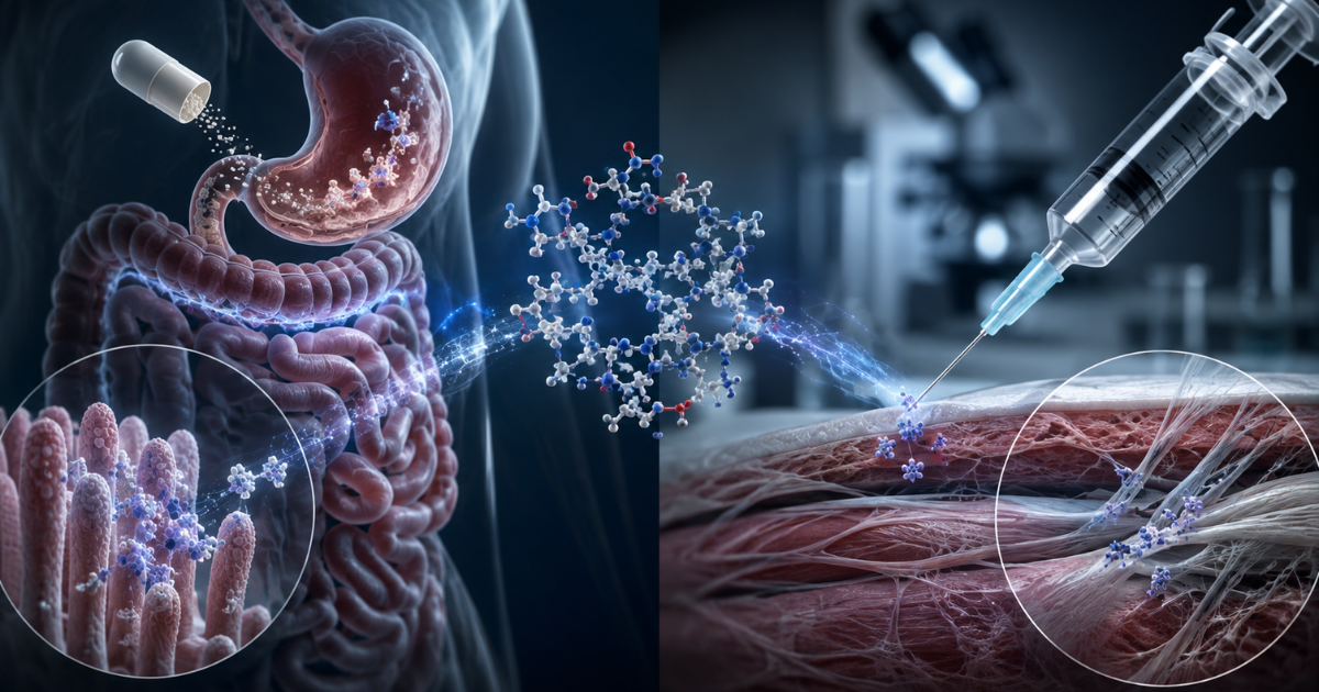 A split digital illustration depicting a compound being absorbed through oral capsule digestion in the stomach on the left and administered via syringe into muscle tissue on the right.