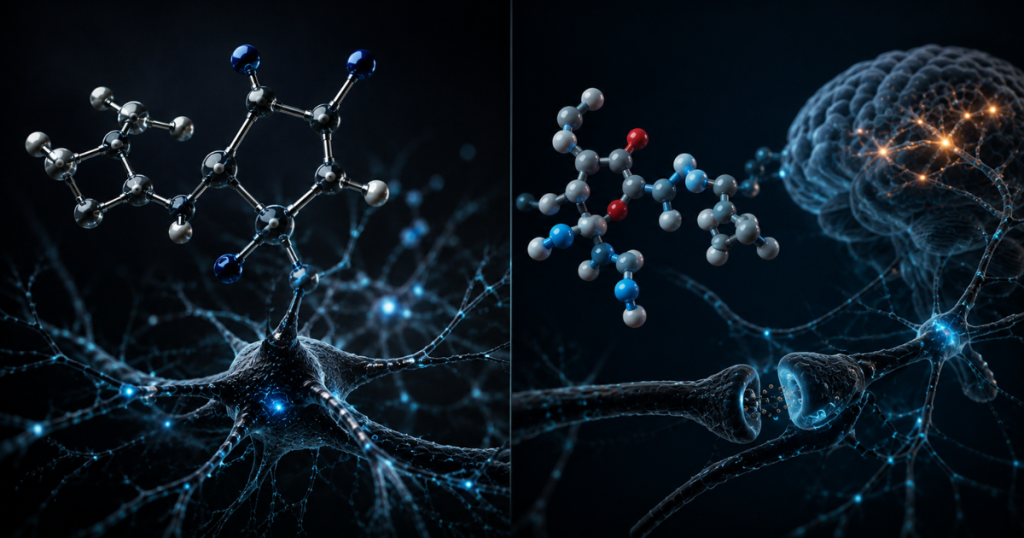 Split graphic displaying molecular model structures superimposed over glowing, illuminated neural networks and brain synapses against a dark background.