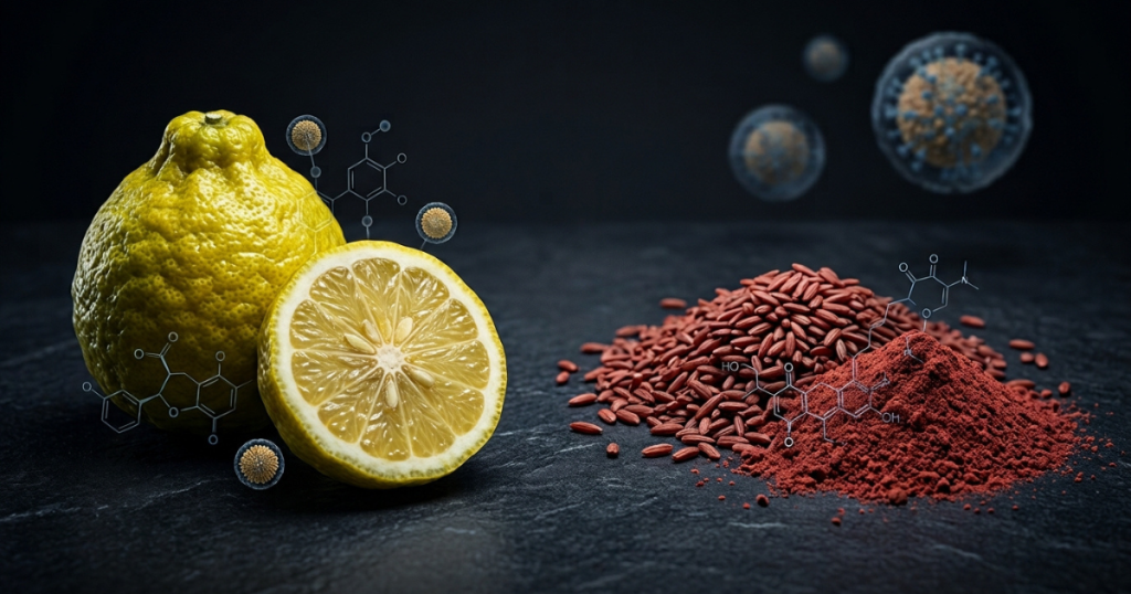 A whole and sliced bergamot fruit placed alongside a pile of red yeast rice and powder, framed by chemical structural formulas and microscopic viral cell graphics on a dark slate surface.