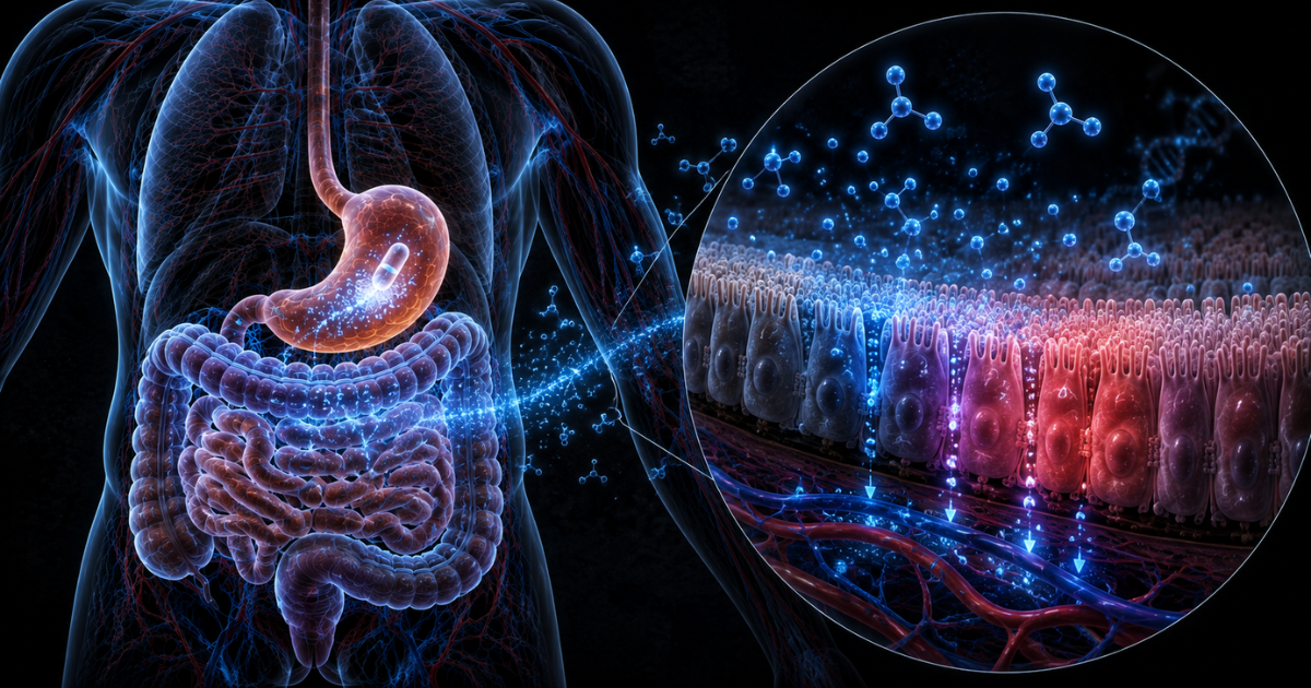 Diagram showing an oral capsule dissolving in the stomach and its molecules being transported across the gut lining into inflamed intestinal cells.