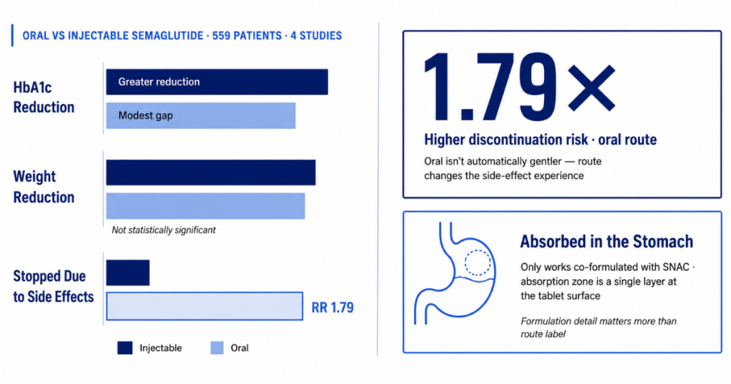 An infographic comparing oral versus injectable semaglutide across HbA1c reduction, weight loss, and discontinuation rates due to side effects.