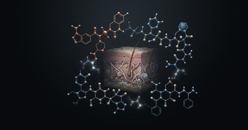 3D cross-section diagram of human skin layers surrounded by metallic ball-and-stick chemical representations of molecular peptide structures against a dark background.