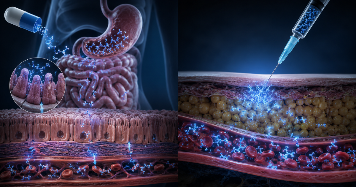 A 3D illustration contrasting oral capsule digestion through intestinal tissue on the left with direct injection through skin into the bloodstream on the right.