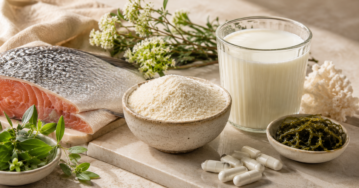A still life arrangement featuring natural peptide sources, including a fish fillet, a glass of milk, a bowl of powder, seaweed, fresh herbs, and supplement capsules on a stone surface.