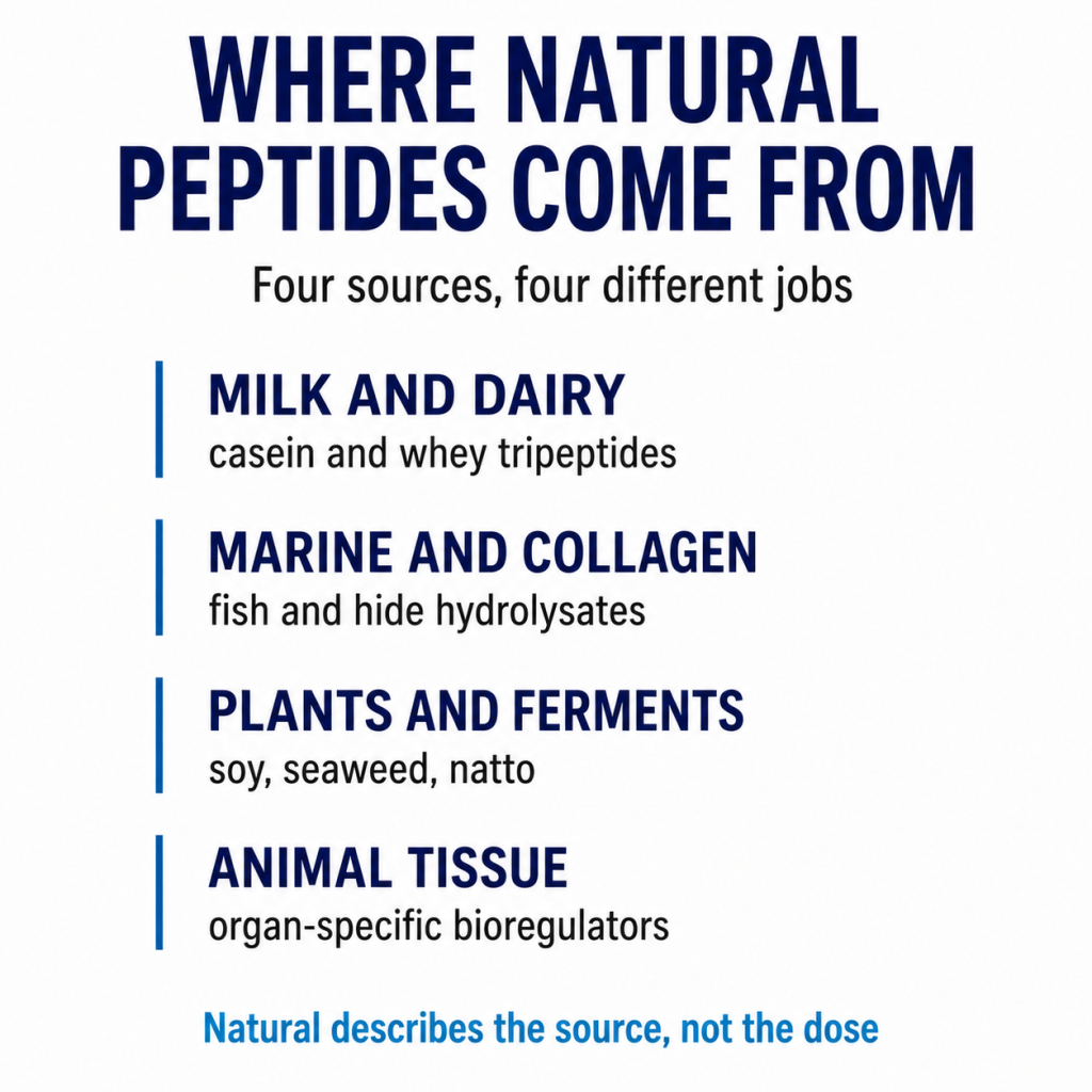 An infographic listing four natural sources of peptides—milk and dairy, marine and collagen, plants and ferments, and animal tissue—along with their specific applications.