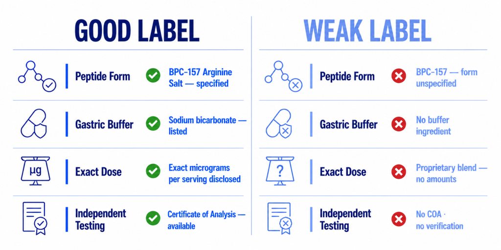 infographic showing What Separates a Good BPC-157 Capsule From a Weak One
