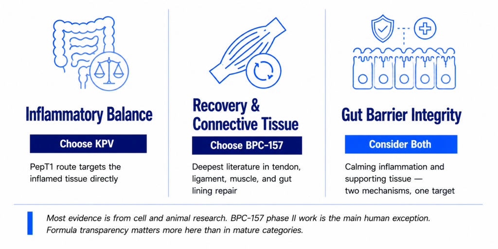 infographic showing the three common goals when choosing KPV vs BPC-157 peptides