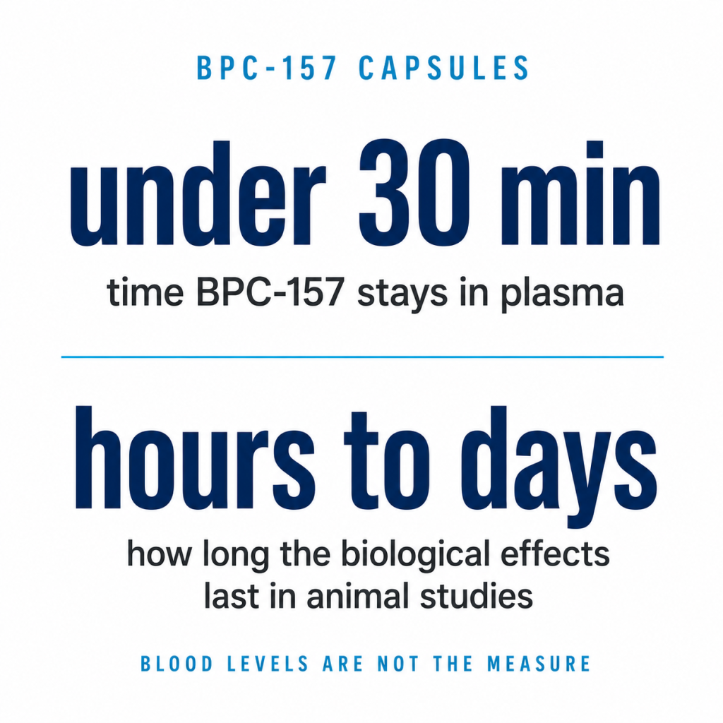 Graphic comparing BPC-157 plasma duration (under 30 minutes) to its biological effects in animal studies (hours to days).