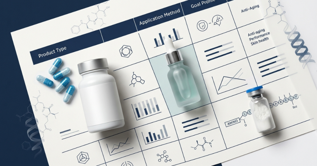 Flat-lay image of a product comparison chart displaying capsule, bottle, serum, and vial forms alongside chemical diagrams and graphs.