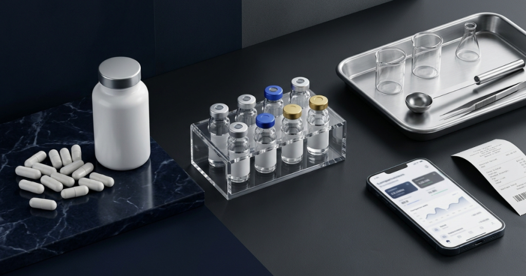 Flat-lay image showing pill bottles, glass vials, lab tray, and a smartphone displaying data.