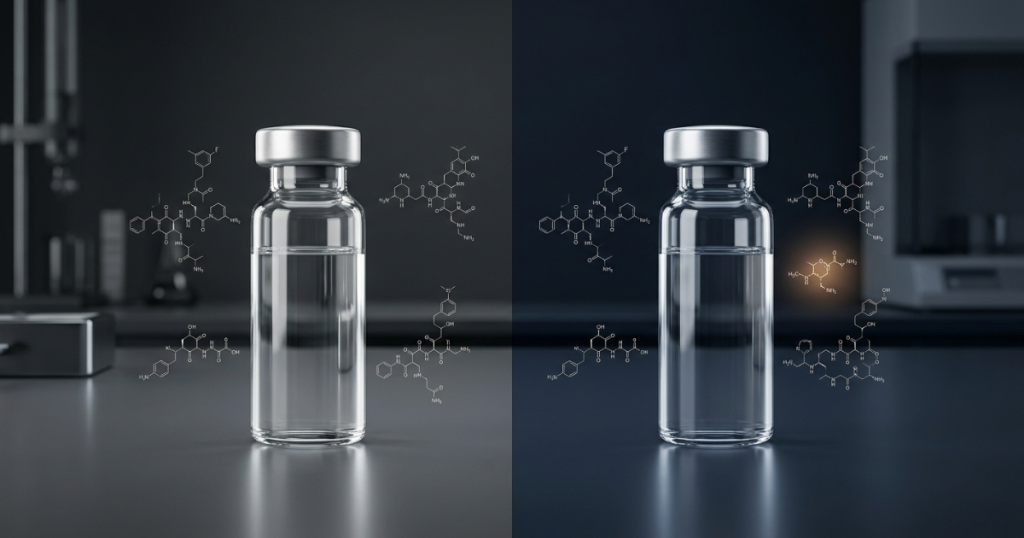 Side-by-side comparison of two clear glass medicine vials with floating chemical molecular diagrams.