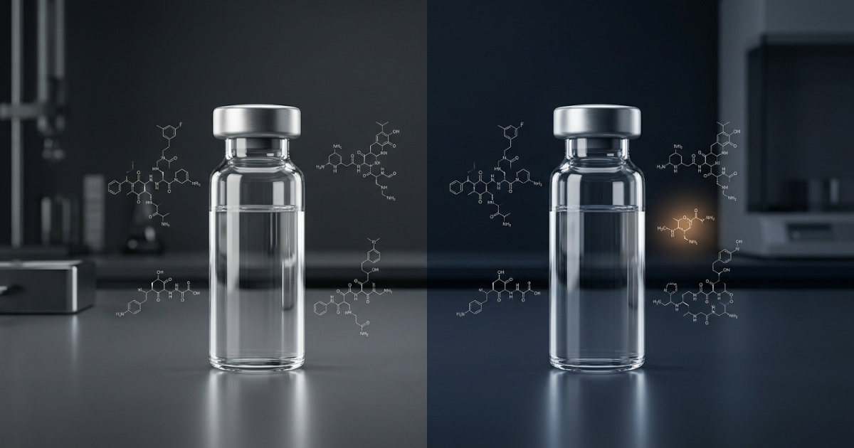 Side-by-side comparison of two clear glass medicine vials with floating chemical molecular diagrams.