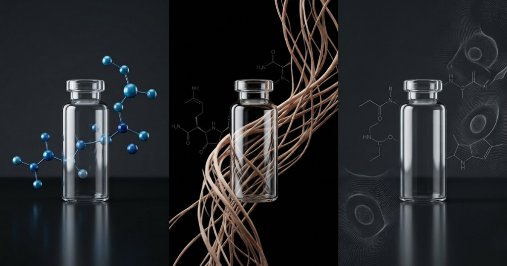 Triptych showing three glass vials set against molecular models, fibrous strands, and abstract digital cellular patterns.