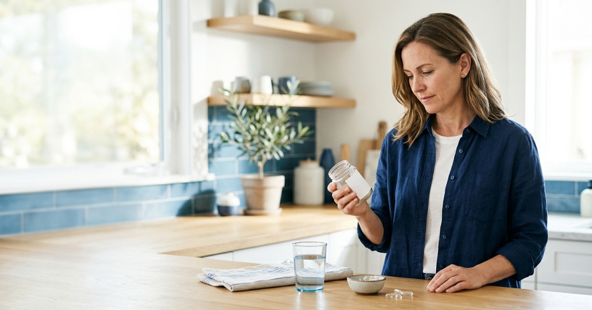 A woman in a blue shirt inspects a supplement bottle at a wooden kitchen counter with a glass of water nearby.